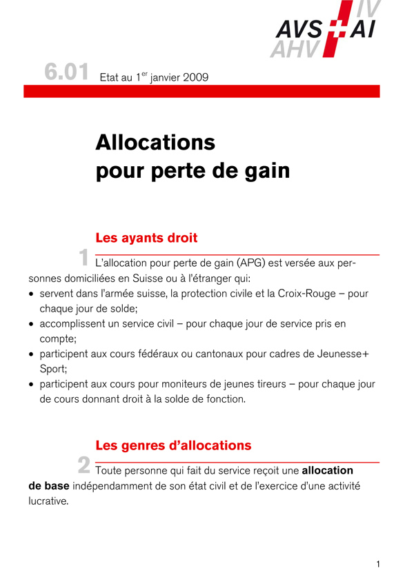 Allocations pour perte de gain (APG) Allocations pour perte de gain (APG)